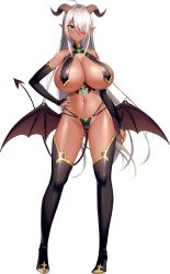 Rule 34 | 1girl, absurdres, ahoge, black footwear, blush, boots, breast curtains, breasts, bridal gauntlets, dark-skinned female, dark skin, demon girl, demon horns, demon tail, demon wings, derauea, full body, gluteal fold, gold trim, green eyes, hair over one eye, highres, horns, huge breasts, long hair, looking at viewer, low wings, motto! haramase! honoo no oppai isekai chou ero: succubus gakuen, navel, official art, photoshop (medium), pointy ears, qunqun na olganite, solo, standing, tail, thigh boots, thighhighs, transparent background, very long hair, white hair, wings