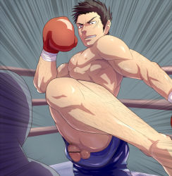 Rule 34 | 2boys, abs, bara, body hair, boxing, boxing gloves, boxing ring, censored, fighting, flaccid, funa (artist), grin, hairy legs, hairy testicles, male focus, multiple boys, muscular, original, pectorals, penis, topless male, smile, sportswear, sweat, testicles, yaoi