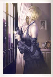 Rule 34 | 00s, 1girl, absurdres, bare shoulders, black dress, blonde hair, bob cut, breasts, cleavage, detached sleeves, dress, fingernails, frills, glass, highres, jewelry, lips, looking up, maeshima shigeki, milepoch finedel, mirepoc finedel, nail, necklace, radio, short hair, solo, tatakau shisho, window, yellow eyes