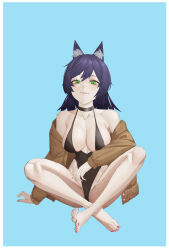 Rule 34 | 1girl, absurdres, animal ear fluff, animal ears, arm support, bare shoulders, barefoot, blue background, breasts, brown jacket, closed mouth, collarbone, crossed legs, eyelashes, feet, full body, green eyes, hair between eyes, highres, jacket, lakusoul, large breasts, legs, looking at viewer, mole, mole on breast, nail polish, off shoulder, one-piece swimsuit, open clothes, open jacket, original, partially visible vulva, pink nails, purple hair, shadow, sitting, solo, spread toes, swimsuit, swimsuit under clothes, thighs, toenail polish, toenails, toes