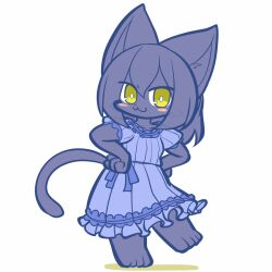 Rule 34 | animal ears, black cat, blue dress, blush stickers, cat, cat ears, cat girl, cat tail, chibi, collarbone, dress, frilled dress, frills, furry, furry female, kowinuko, looking at viewer, original, simple background, standing, standing on one leg, tail, white background, yellow eyes