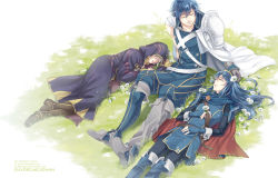 Rule 34 | 1boy, 2girls, blue hair, boots, cape, chrom (fire emblem), closed eyes, family, father and daughter, fingerless gloves, fire emblem, fire emblem awakening, flower, flower on head, gloves, hair flower, hair ornament, hooded, husband and wife, long hair, lowah, lucina (fire emblem), mother and daughter, multiple girls, nintendo, robe, robin (female) (fire emblem), robin (fire emblem), robin (male) (fire emblem), short hair, sleeping, smile, super smash bros., tiara, white hair