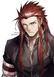 Rule 34 | 1boy, alternate costume, asch (tales), black jacket, closed mouth, dated, green eyes, hair slicked back, highres, jacket, long hair, male focus, red hair, sidelocks, sinsin12121, solo, tales of (series), tales of the abyss, twitter username, upper body