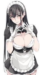 Rule 34 | 1girl, apron, black dress, black hair, blush, breasts, brown eyes, cleavage, closed mouth, commentary, dress, frilled apron, frilled dress, frills, garter straps, gloves, hair between eyes, heart, heart hands, highres, large breasts, long hair, looking at viewer, maid, maid headdress, original, puffy short sleeves, puffy sleeves, short sleeves, simple background, solo, symbol-only commentary, waist apron, white apron, white background, white gloves, zekkyon