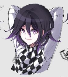 Rule 34 | 1boy, :d, black hair, checkered clothes, checkered scarf, commentary request, danchu (danchu0628), danganronpa (series), danganronpa v3: killing harmony, grey background, hair between eyes, highres, jacket, long sleeves, looking at viewer, male focus, open mouth, oma kokichi, purple eyes, purple hair, scarf, short hair, sketch, smile, solo, straitjacket, upper body