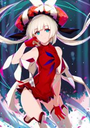 Rule 34 | 1girl, bare shoulders, blue eyes, boots, breasts, dress, fate/grand order, fate (series), gloves, hat, kameponde, long hair, marie antoinette (fate), panties, pantyshot, red gloves, red panties, silver hair, smile, solo, standing, thigh boots, thighhighs, underwear, white footwear, white thighhighs