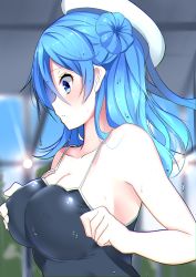 Rule 34 | 10s, 1girl, absurdres, adjusting clothes, adjusting swimsuit, blue eyes, blue hair, blush, breasts, chromatic aberration, cleavage, collarbone, from side, hair bun, hat, highres, indoors, kantai collection, large breasts, long hair, matching hair/eyes, nebusoku, one-piece swimsuit, single hair bun, solo, swimsuit, upper body, urakaze (kancolle), wet, white hat