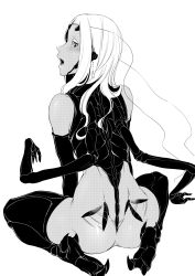 Rule 34 | 1girl, afterimage, antennae, ass, carapace, dark skin, dark-skinned female, earrings, extra arms, from behind, greyscale, highres, arthropod girl, jewelry, long hair, looking at viewer, monochrome, monster girl, motion lines, nakamura regura, nude, open mouth, original, sitting, solo