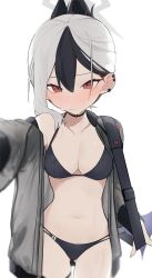 Rule 34 | 1girl, bag, bikini, black bikini, black hair, black jacket, blue archive, blurry, blush, breasts, cleavage, closed mouth, collarbone, cowboy shot, depth of field, ear piercing, fataaa, gluteal fold, halo, highres, horns, jacket, kayoko (blue archive), long sleeves, looking at viewer, low wings, medium breasts, medium hair, multicolored hair, navel, open clothes, open jacket, outstretched arm, piercing, reaching, reaching towards viewer, red eyes, shoulder bag, simple background, single wing, solo, swimsuit, thigh strap, two-tone hair, wet, white background, white hair, wings