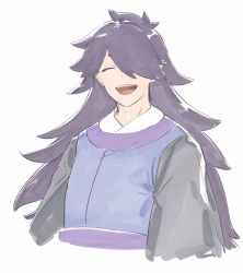 Rule 34 | 1boy, closed eyes, fengxi (the legend of luoxiaohei), gihuta hiroshi, hair over one eye, highres, long hair, open mouth, purple hair, simple background, smile, solo, luo xiaohei zhanji, upper body, white background