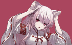 Rule 34 | 1girl, :o, animal ears, breasts, cat ears, copyright name, hair ornament, hairclip, japanese clothes, kimono, long hair, medium breasts, miko, nijisanji, official alternate costume, official alternate hairstyle, open mouth, phony (cevio), pink hair, rabbit pose, red eyes, shiina yuika, shiina yuika (3rd costume), shippaiderman, simple background, solo, upper body, virtual youtuber, white kimono, wide sleeves