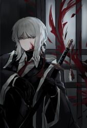 Rule 34 | :|, absurdres, against wall, black gloves, black jacket, blood, blood on face, blood on wall, closed mouth, collared shirt, dot nose, expressionless, faust (project moon), feet out of frame, gloves, grey eyes, grey jacket, haori, highres, holding, holding sword, holding weapon, jacket, japanese clothes, katana, long sleeves, medium hair, naughty 0b, necktie, open clothes, open jacket, project moon, red necktie, shadow, shirt, sidelocks, sitting, sword, weapon, white hair, white shirt