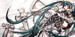 Rule 34 | 1girl, absurdly long hair, aqua eyes, aqua hair, armlet, bare shoulders, boots, chain, collar, detached sleeves, dominatrix, electric guitar, facial tattoo, garter straps, grin, guitar, hatsune miku, headset, heavy metal, high heel boots, high heels, highres, horns, instrument, jewelry, leather, long hair, looking at viewer, nail polish, ring, shoes, skirt, smile, solo, spiked armlet, spikes, tattoo, thigh boots, thighhighs, torigoe takumi, twintails, very long hair, vocaloid