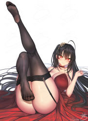 Rule 34 | 1girl, ahoge, artist name, ass, azur lane, bad id, bad pixiv id, bare shoulders, black hair, black panties, black thighhighs, blush, breasts, choker, cleavage, closed mouth, cocktail dress, collarbone, commission, covered erect nipples, dress, feet, garter belt, garter straps, hair between eyes, hair ornament, knees together feet apart, lace, lace-trimmed legwear, lace trim, large breasts, leg up, legs, long hair, looking at viewer, lying, no bra, no shoes, official alternate costume, on back, panties, red choker, red dress, red eyes, shiny skin, signature, simple background, smile, soles, solo, suerte, taihou (azur lane), taihou (forbidden feast) (azur lane), thighhighs, toes, underwear, very long hair, watermark, white background, wide hips
