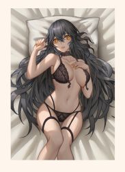 Rule 34 | 1girl, absurdres, arepko, bare arms, bare shoulders, bed sheet, black bra, black choker, black hair, black panties, blush, border, bra, breasts, choker, cleavage, collarbone, feet out of frame, fingernails, from above, front-hook bra, hair between eyes, hand on own chest, highres, large breasts, lipstick, long fingernails, long hair, looking at viewer, looking up, lying, makeup, nail polish, navel, on back, on bed, orange eyes, orange nails, original, panties, parted lips, smile, solo, stomach, thigh strap, underwear, underwear only, very long hair, white border