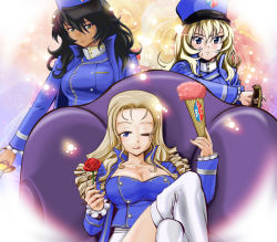 Rule 34 | 10s, 3girls, :p, bc freedom (emblem), black hair, blonde hair, blouse, blue coat, blue eyes, blue hat, blue shirt, boots, breasts, chair, cleavage, closed mouth, coat, commentary request, dark-skinned female, dark skin, drill hair, emblem, flower, folding fan, frown, girls und panzer, green eyes, hand fan, hat, highres, holding, holding weapon, large breasts, light particles, long hair, long sleeves, looking at viewer, multiple girls, one eye closed, rose, serious, shirt, sitting, smile, standing, thigh boots, thighhighs, tongue, tongue out, uniform, weapon, white footwear, yoyokkun