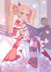 Rule 34 | 1girl, beatrice (re:zero), blonde hair, blue eyes, blush, book, bug, butterfly, butterfly-shaped pupils, capelet, closed mouth, commentary request, crown, dress, drill hair, from below, fur-trimmed capelet, fur trim, hair ribbon, holding, holding book, insect, long hair, mini crown, neck ribbon, pantyhose, parupin, petelgeuse romaneeconti, pink ribbon, re:zero kara hajimeru isekai seikatsu, red capelet, red dress, ribbon, shoes, sidelocks, sitting, smile, striped clothes, striped pantyhose, symbol-shaped pupils, twin drills, twintails
