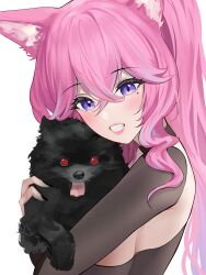 Rule 34 | 1girl, absurdres, animal, animal ears, black nails, character request, commentary, commission, copyright request, derlyt, grin, highres, holding, holding animal, long hair, looking at viewer, nail polish, pink hair, pink lips, purple eyes, smile, solo, upper body