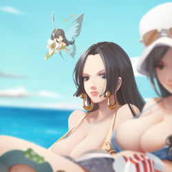 Rule 34 | 3girls, b.bor, bad id, barefoot, beach, bikini, black eyes, black hair, blue eyes, blue sky, blurry, blush, boa hancock, breasts, butterfly wings, character request, cleavage, closed mouth, day, dress, earrings, fairy, flower, flying, hat, hat over eyes, heart, insect wings, jewelry, large breasts, lily (flower), long hair, looking at viewer, md5 mismatch, multiple girls, nico robin, ocean, one piece, out of frame, outdoors, resolution mismatch, sky, snake earrings, source larger, straw hat, sunglasses, swimsuit, very long hair, water, wings