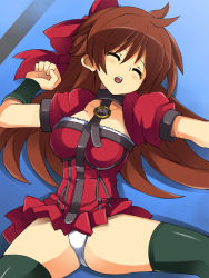 Rule 34 | 1girl, boots, breasts, brown hair, cleavage, collar, dress, closed eyes, hair ribbon, long hair, lying, mutou megumi, open mouth, panties, ribbon, shamanwer, thigh boots, thighhighs, unconscious, underwear, very long hair, white panties, wrestle angels, wrestle angels survivor, wrestling outfit