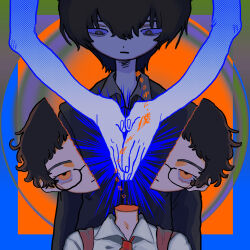 Rule 34 | 1boy, 1girl, abstract background, arms at sides, bags under eyes, behind another, black hair, black jacket, chasuke (n uioi), clapping, collared shirt, commentary request, curly hair, disembodied hand, expressionless, glasses, grey shirt, halftone, height difference, highres, hitomi hirosuke (sayonara wo oshiete), jacket, light frown, long sleeves, looking at another, looking at viewer, looking down, medium hair, meguro miyuki, multicolored background, orange eyes, palms together, sanpaku, sayonara wo oshiete, severed head, shirt, short hair, split head, surreal, translation request, upper body, white shirt