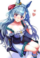 Rule 34 | 1girl, absurdres, animal ears, asymmetrical gloves, bare shoulders, black dress, black gloves, blue hair, blush, braid, breasts, chair, cleavage, collarbone, commentary request, crown braid, dress, ear ornament, elbow gloves, frilled dress, frills, gloves, hanamura pink, heart, highres, horse ears, horse girl, large breasts, long hair, looking at viewer, mejiro ardan (umamusume), mismatched gloves, on chair, parted lips, purple eyes, simple background, sitting, solo, umamusume, very long hair, white background, white footwear, white gloves