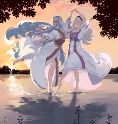 Rule 34 | 2girls, ai-wa, anklet, azura (fire emblem), barefoot, blue hair, blush, breasts, cleavage, closed eyes, corrin (female) (fire emblem), corrin (fire emblem), couple, cousins, dancing, dress, feet, fire emblem, fire emblem fates, highres, holding hands, incest, jewelry, lake, long hair, multiple girls, necklace, nintendo, silver hair, smile, standing, standing on liquid, sunset, toes, very long hair, water, yuri