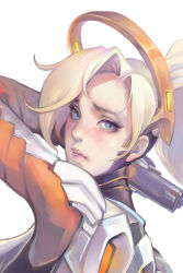 Rule 34 | 1girl, blonde hair, blue eyes, change (437483723), close-up, gun, halo, handgun, highres, lips, looking at viewer, looking back, mechanical halo, mercy (overwatch), overwatch, overwatch 1, pistol, ponytail, short hair, simple background, solo, weapon, white background