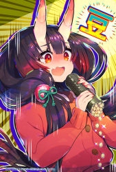 Rule 34 | 1girl, beans, black hair, blunt bangs, blush, buttons, colored shadow, commentary, drop shadow, ehoumaki, fang, food, gradient hair, highres, holding, holding food, horns, long hair, long sleeves, low-tied long hair, makizushi, multicolored hair, nail polish, naoto (yandereheaven), oni, open mouth, original, red eyes, red hair, red nails, red sweater, setsubun, shadow, signature, skin-covered horns, skin fang, solo, sparkle, sunburst, surprised, sushi, sweat, sweater, upper body, watermark