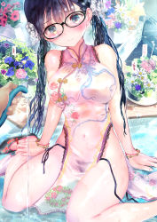 Rule 34 | 1girl, absurdres, bare shoulders, black-framed eyewear, black hair, black panties, blush, breasts, china dress, chinese clothes, closed mouth, collared dress, dress, embarrassed, feet out of frame, flower, flower pot, highres, holding, holding hose, hose, large breasts, long hair, looking at viewer, navel, nipples, ogata tei, original, paid reward available, panties, pov, see-through, side-tie panties, sitting, sleeveless, tareme, underwear, wariza, wet, wet clothes