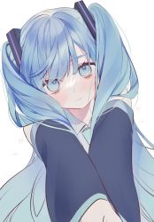 Rule 34 | 1girl, blue eyes, blue hair, blue jacket, blue neckwear, blush, closed mouth, dutch angle, expressionless, hatsune miku, highres, jacket, long hair, long sleeves, looking at viewer, simple background, solo, twintails, upper body, very long hair, vocaloid, white background, yamori shiki