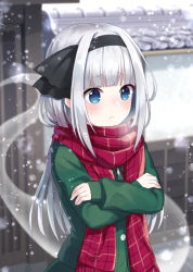 Rule 34 | 1girl, alternate hair length, alternate hairstyle, black hairband, black ribbon, blue eyes, blunt bangs, blurry, blush, breath, cold, commentary request, crossed arms, depth of field, enpera, green sweater, hair ribbon, hairband, konpaku youmu, konpaku youmu (ghost), long hair, long sleeves, outdoors, plaid, plaid scarf, red scarf, ribbon, scarf, snow, solo, suzuno naru, sweater, touhou, upper body, white hair, winter, winter clothes