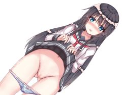 Rule 34 | 1girl, artist request, black hair, black skirt, blue eyes, blue panties, blush, bow, bow panties, censored, character request, clothes lift, embarrassed, game cg, inaka no natsuyasumi ~itoko to sugosu himitsu no isshuukan~, long hair, looking at viewer, navel, neckerchief, open mouth, panties, panty pull, pussy, qross, red neckerchief, school uniform, shirt, short sleeves, skirt, skirt lift, source request, stained panties, standing, underwear, white bow, white shirt