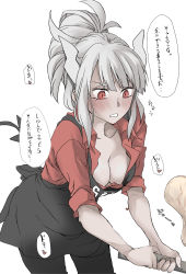 Rule 34 | 1girl, apron, black apron, blush, breasts, cleavage, collared shirt, cooking, demon girl, demon horns, downblouse, elf (stroll in the woods), food, frying pan, heart, helltaker, highres, holding, holding frying pan, horns, large breasts, leaning forward, looking down, lucifer (helltaker), medium hair, no bra, open clothes, open shirt, pancake, red eyes, red shirt, shirt, short hair, simple background, sleeves rolled up, solo, speech bubble, sweat, sweatdrop, translation request, white background, white hair, white horns