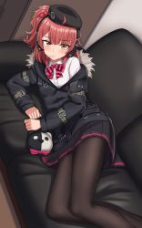 Rule 34 | 1girl, absurdres, ahoge, beret, blush, commission, couch, girls&#039; frontline, hat, highres, mp7 (girls&#039; frontline), pantyhose, pleated skirt, red hair, skirt, solo, yakob labo, yellow eyes