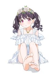 Rule 34 | 1girl, angel wings, bare legs, barefoot, black hair, commentary request, dress, flower wreath, fukumaru koito, full body, idolmaster, idolmaster shiny colors, jewelry, knees up, long hair, looking at viewer, necklace, purple eyes, sitting, soles, solo, twintails, white background, white dress, wings, youdie