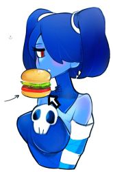 Rule 34 | 1girl, alternate color, blue hair, blue skin, breasts, burger, colored skin, food, highres, skullgirls, solo, squigly (skullgirls), triangle muppet, zombie