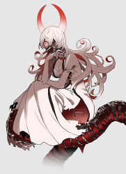 Rule 34 | 1girl, abyssal heavy cruiser water princess, abyssal ship, breasts, cleavage, cracked skin, dress, grey background, hair between eyes, horns, kantai collection, large breasts, long hair, looking at viewer, one eye covered, pale skin, red eyes, red hair, shimin, simple background, sleeveless, sleeveless dress, solo, torn clothes, torn dress, very long hair, white dress, white hair