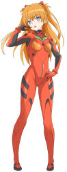 Rule 34 | 1girl, absurdres, blonde hair, blue eyes, bodysuit, breasts, highres, looking at viewer, neon genesis evangelion, red bodysuit, simple background, small breasts, souryuu asuka langley, thighs, toushirou (sugarwhite1046), twintails, white background