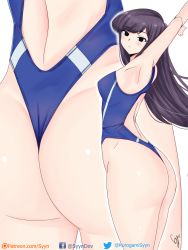 Rule 34 | 1girl, armpits, arms up, artist name, ass, ass focus, back cutout, black eyes, black hair, blush, breasts, clothing cutout, competition swimsuit, expressionless, highres, komi-san wa komyushou desu, komi shouko, long hair, looking at viewer, one-piece swimsuit, sideboob, small breasts, solo, stretching, swimsuit, syyn (syyndev), thighs, white background