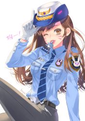 Rule 34 | 1girl, animal print, arm at side, arm support, belt, belt buckle, black pants, blue necktie, blue shirt, boya (user cdjw4444), breast pocket, breasts, brown eyes, brown hair, buckle, buttons, collared shirt, cowboy shot, d.va (overwatch), epaulettes, eyelashes, facepaint, facial mark, female service cap, gloves, hand on headwear, hand up, hat, heroes of the storm, highres, knee up, long hair, long sleeves, looking at viewer, medium breasts, mouth hold, necktie, officer d.va, official alternate costume, one eye closed, overwatch, overwatch 1, pants, pocket, police, police hat, police uniform, policewoman, rabbit print, red lips, salute, shirt, simple background, sitting, smile, solo, striped, striped necktie, striped neckwear, tie clip, uniform, weapon, whisker markings, whistle, white background, white gloves, wing collar