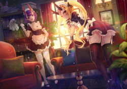 Rule 34 | 2girls, alternate costume, apron, ass, backlighting, black dress, black footwear, black legwear, blonde hair, blush, bob cut, bookshelf, breasts, broom, coffee table, collarbone, couch, curtains, cushion, dress, duster, enmaided, eyeliner, facial mark, fang, fang out, fate/grand order, fate (series), forehead, forehead mark, fou (fate), frills, garter straps, gloves, hair pulled back, highres, horns, ibaraki douji (fate), long hair, looking at viewer, maid, maid headdress, makeup, multiple girls, oni, open mouth, picture frame, plant, pointy ears, potted plant, puffy short sleeves, puffy sleeves, purple eyes, purple hair, riyo (lyomsnpmp) (style), short eyebrows, short hair, short sleeves, shuten douji (fate), sidelocks, skin-covered horns, small breasts, table, tattoo, thighhighs, tsukizaki shizuka, twintails, waist apron, white apron, white gloves, white legwear, window, wrist cuffs, yellow eyes