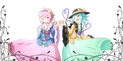 Rule 34 | 2girls, 4-finger heart hands, absurdres, aqua hair, bad id, bad pixiv id, blouse, blush, border, female focus, flower, green eyes, hana (0458251551), hat, hat ribbon, head tilt, headband, heart, heart hands, heart hands duo, heart of string, highres, komeiji koishi, komeiji satori, looking at another, multiple girls, one eye closed, pink eyes, pink hair, ribbon, rose, shirt, short hair, siblings, simple background, sisters, skirt, smile, third eye, thorns, touhou, white background, wide sleeves, wink