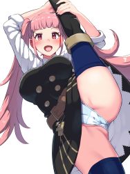 Rule 34 | 1girl, armpits, belt, black dress, black footwear, blue panties, blue thighhighs, blunt bangs, blush, boots, boris (noborhys), breasts, cameltoe, commentary request, dress, fire emblem, fire emblem: three houses, garreg mach monastery uniform, highres, hilda valentine goneril, large breasts, leg up, long hair, long sleeves, looking at viewer, nintendo, panties, pink hair, red eyes, signature, simple background, solo, split, standing, standing on one leg, standing split, thigh boots, thighhighs, thighhighs under boots, thighs, twintails, underwear, upskirt, very long hair, white background, white panties