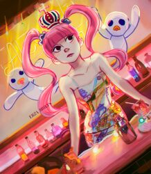 Rule 34 | 1girl, absurdres, bar (place), black eyes, blunt bangs, commentary, crown, cup, dress, drinking straw, english commentary, erza briefs, ghost, highres, looking to the side, mini crown, one piece, perona, skirt, sleeveless, sleeveless dress, solo, twintails, upper body