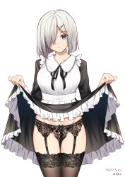 Rule 34 | 1girl, alternate costume, black garter belt, black ribbon, black thighhighs, blue eyes, bow, bow panties, breasts, clothes lift, commentary request, dress, dress lift, enmaided, frills, garter belt, garter straps, hair ornament, hair over one eye, hairclip, hamakaze (kancolle), highres, kantai collection, large breasts, lifting own clothes, long sleeves, maid, mimamui, panties, ribbon, short hair, skirt, solo, thighhighs, underwear, white background