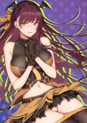Rule 34 | 1girl, bat (animal), bat hair ornament, belt, black pantyhose, blush, breasts, clothes pull, collared shirt, food-themed hair ornament, girls&#039; frontline, gloves, groin, hair ornament, hair ribbon, half updo, halloween, jack-o&#039;-lantern, large breasts, long hair, looking at viewer, navel, necktie, no panties, official alternate costume, one side up, open mouth, own hands together, pantyhose, pantyhose pull, pumpkin hair ornament, purple hair, red eyes, ribbon, shirt, shoukaki (earthean), skirt, sleeveless, sleeveless shirt, solo, sweatdrop, very long hair, wa2000 (girls&#039; frontline), wa2000 (haunted castle) (girls&#039; frontline)