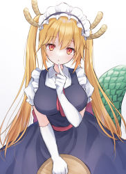 Rule 34 | 1girl, absurdres, blonde hair, commentary request, dragon girl, dragon horns, dragon tail, dress, elbow gloves, finger to mouth, gloves, hair between eyes, highres, holding, horns, index finger raised, kobayashi-san chi no maidragon, long hair, looking at viewer, maid, maid headdress, necktie, orange eyes, parted lips, pinafore dress, puffy sleeves, shano hiyori, short sleeves, sidelocks, simple background, sleeveless dress, slit pupils, solo, tail, tohru (maidragon), tray, twintails, white background, white gloves