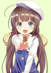 Rule 34 | 10s, 1girl, :d, ahoge, beret, between fingers, blue dress, blue eyes, blush, board game, brown hair, commentary request, dress, green background, hair ribbon, hat, highres, hinatsuru ai, holding, layered sleeves, long hair, long sleeves, looking at viewer, low twintails, open mouth, outstretched arm, puffy short sleeves, puffy sleeves, ribbon, ryuuou no oshigoto!, school uniform, shogi, short over long sleeves, short sleeves, simple background, smile, solo, teeth, tk (tk47773), twintails, upper teeth only, very long hair, white hat, yellow ribbon
