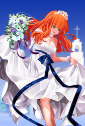 Rule 34 | 1girl, absurdres, alternate costume, blue ribbon, blue sky, blunt bangs, blurry, blurry background, blush, bouquet, breasts, choker, church, clear sky, commentary request, day, dress, elbow gloves, flower, girls und panzer, gloves, half-closed eyes, highres, holding, holding bouquet, inou takashi, long dress, long hair, medium breasts, open mouth, orange eyes, orange hair, outdoors, ribbon, scrunchie, simple background, single glove, skirt hold, sky, smile, solo, standing, strapless, strapless dress, takebe saori, tiara, wedding dress, white choker, white dress, white gloves, white headwear, white scrunchie, wrist scrunchie